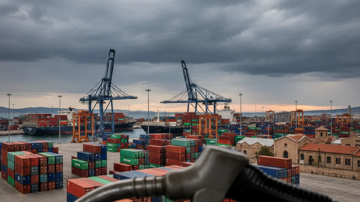 Imagen genérica de un puerto comercial con contenedores y una manguera de gasolina en primer plano.