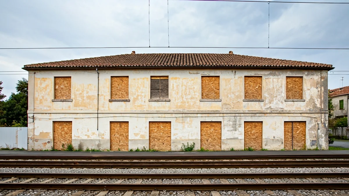 Imagen genérica de un edificio antiguo y abandonado en una zona industrial, con vías de tren cercanas.