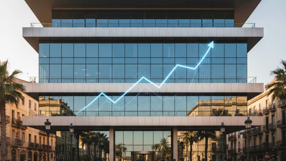 Imagen genérica de un gráfico económico digital frente a la fachada de un edificio de oficinas.