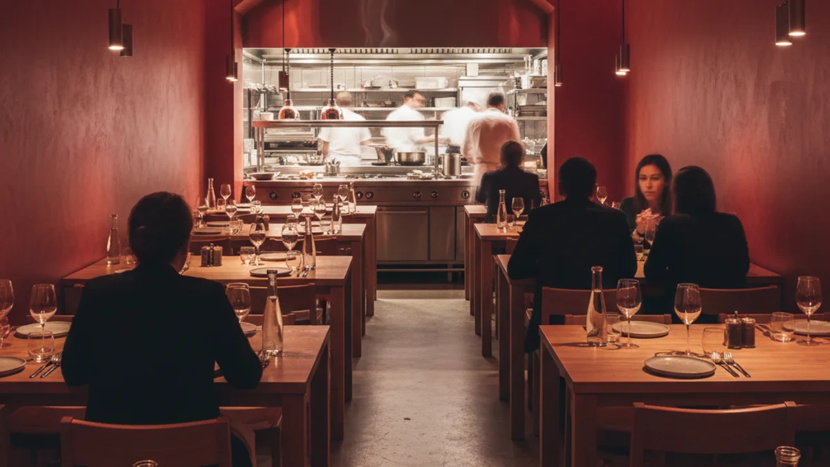 Imagen genérica del interior de un restaurante moderno con tonos rojos y cocina a la vista.