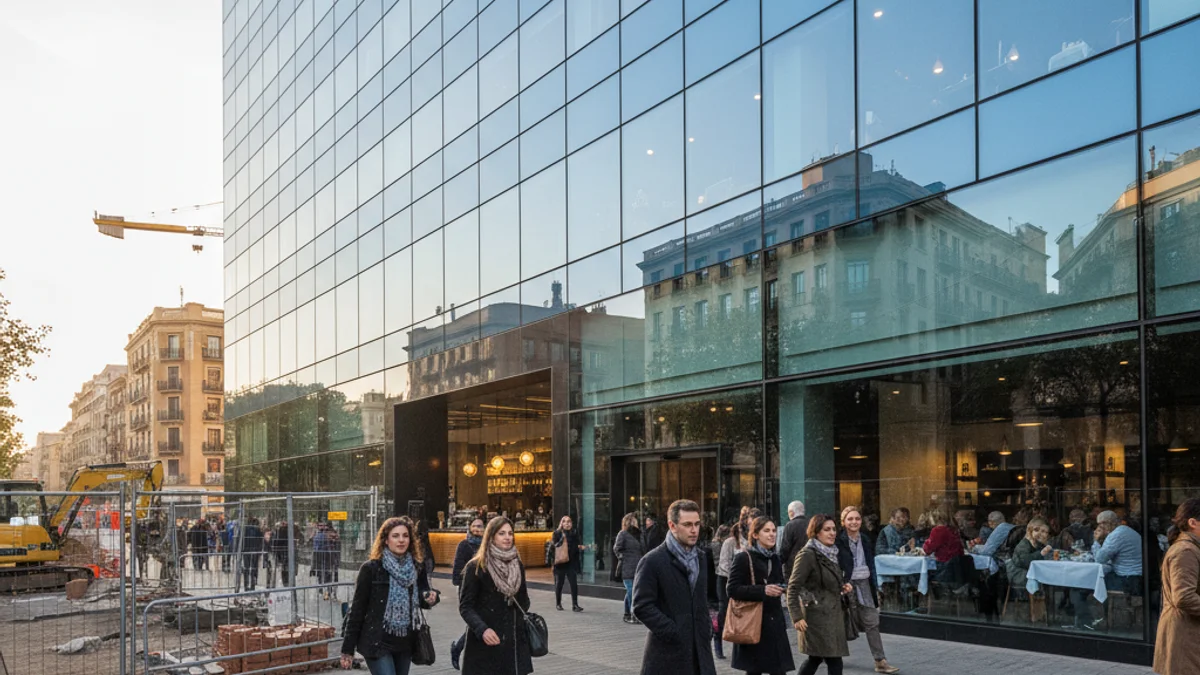 Imagen genérica de la fachada de cristal de un gran edificio de oficinas moderno con locales comerciales en la planta baja.