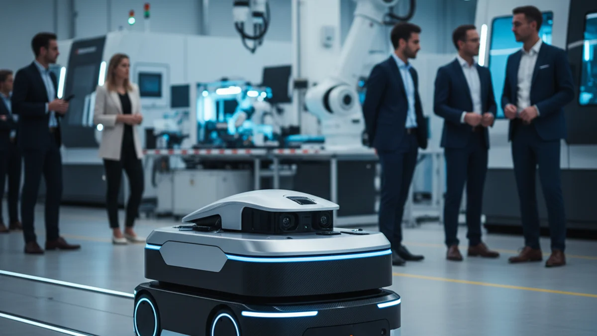 Imagen genérica de un robot móvil autónomo operando en una planta industrial moderna.