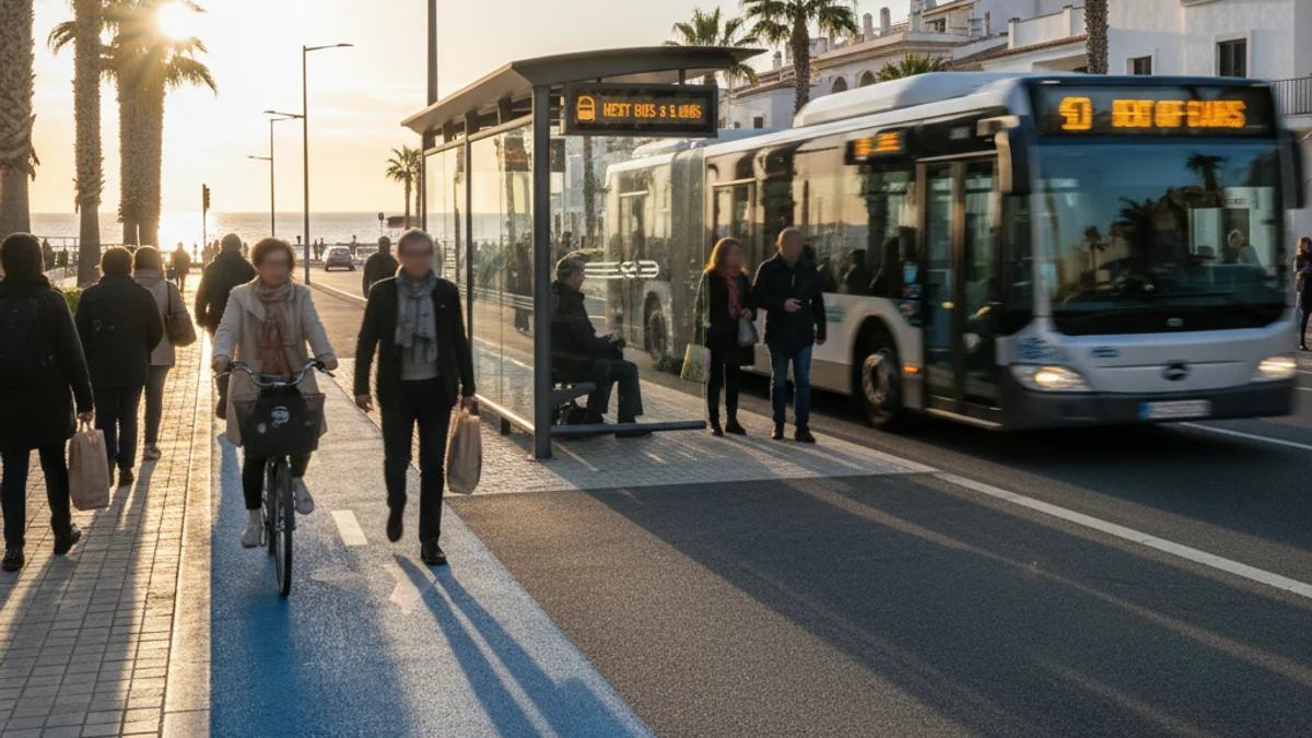 Imagen genérica de una parada de autobús y un carril bici en una zona urbana costera.