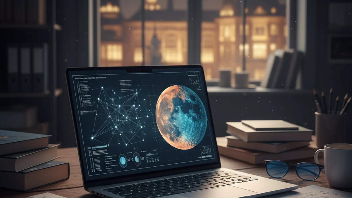 Imagen genérica de un ordenador portátil con datos de investigación espacial en una habitación con luz tenue.