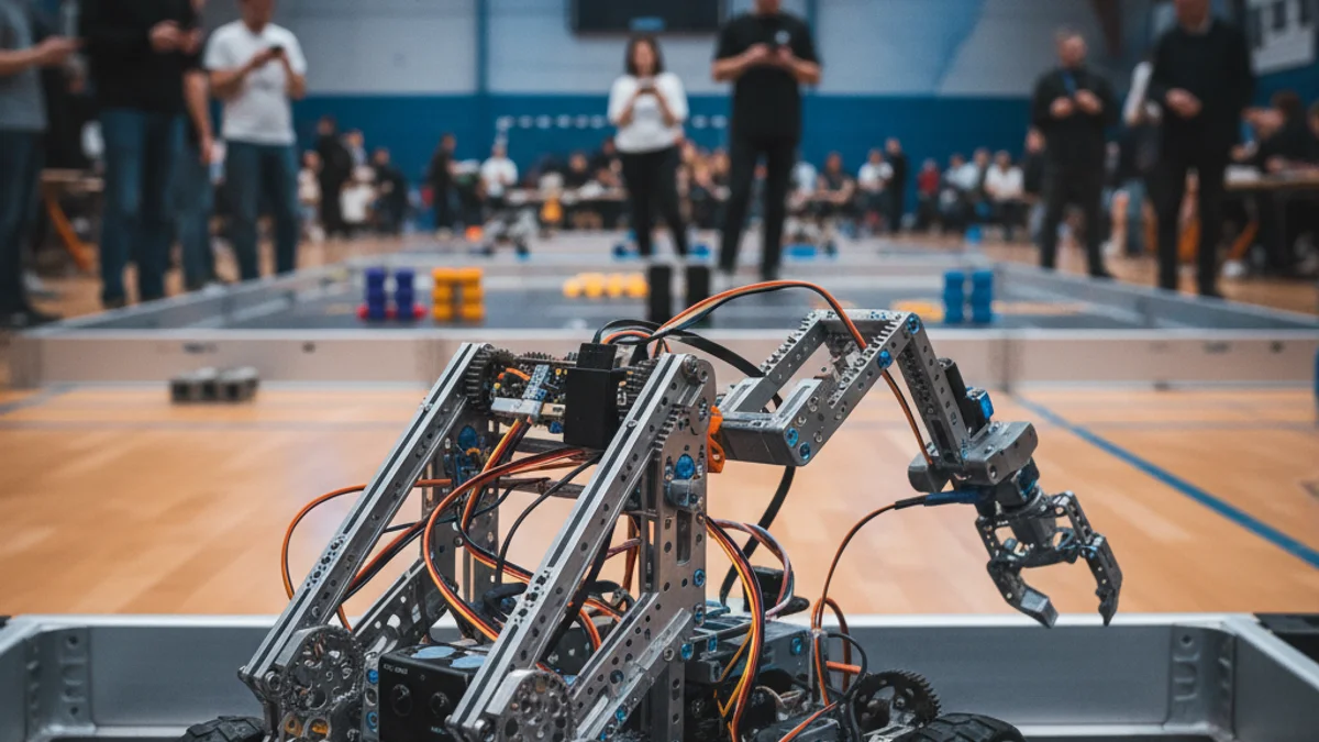 Imagen genérica de un robot de competición de alta precisión en un pabellón tecnológico.