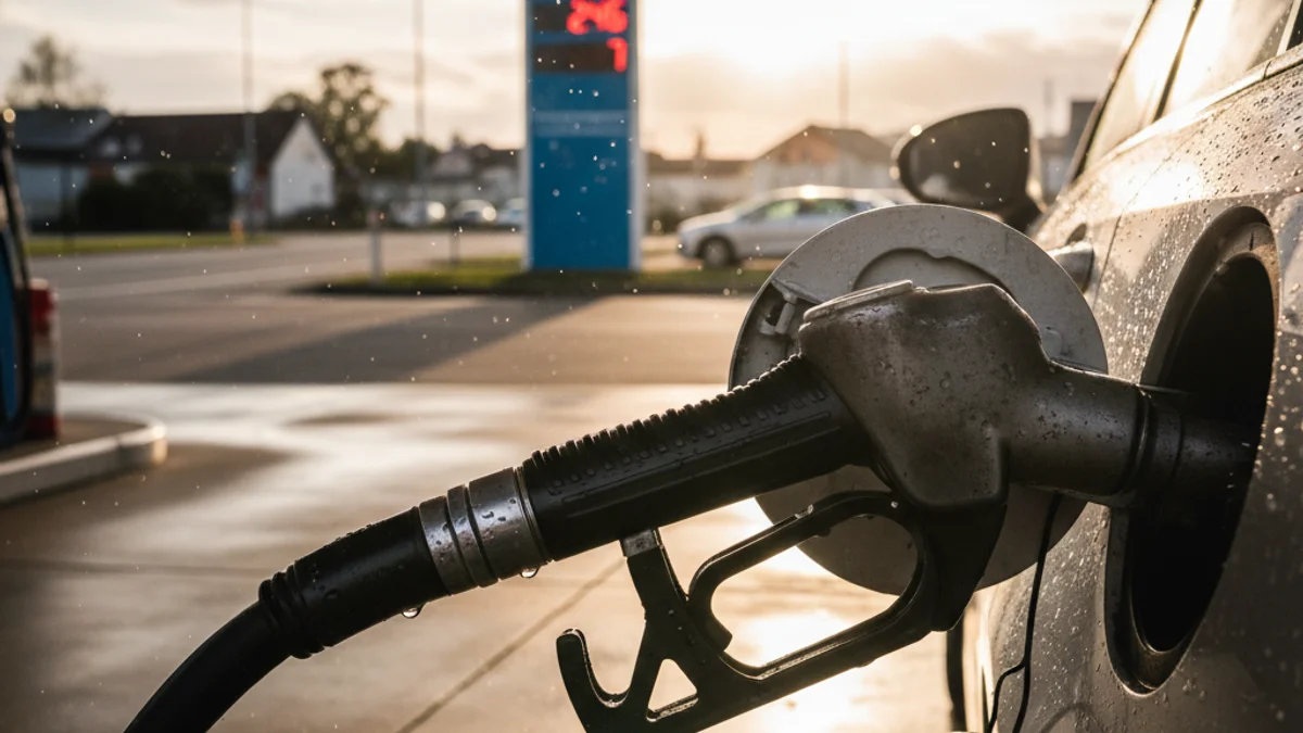 Imagen genérica de un surtidor de gasolina con los precios digitales al fondo.