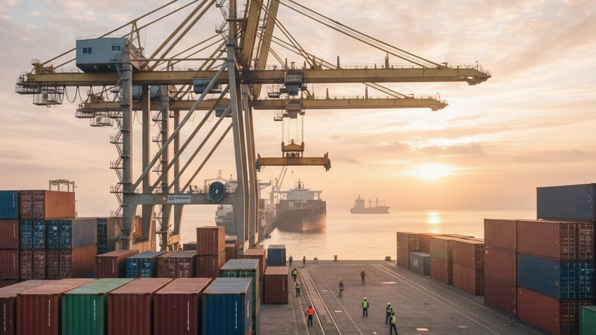 Imagen genérica de un puerto comercial con contenedores de mercancías y grúas industriales.
