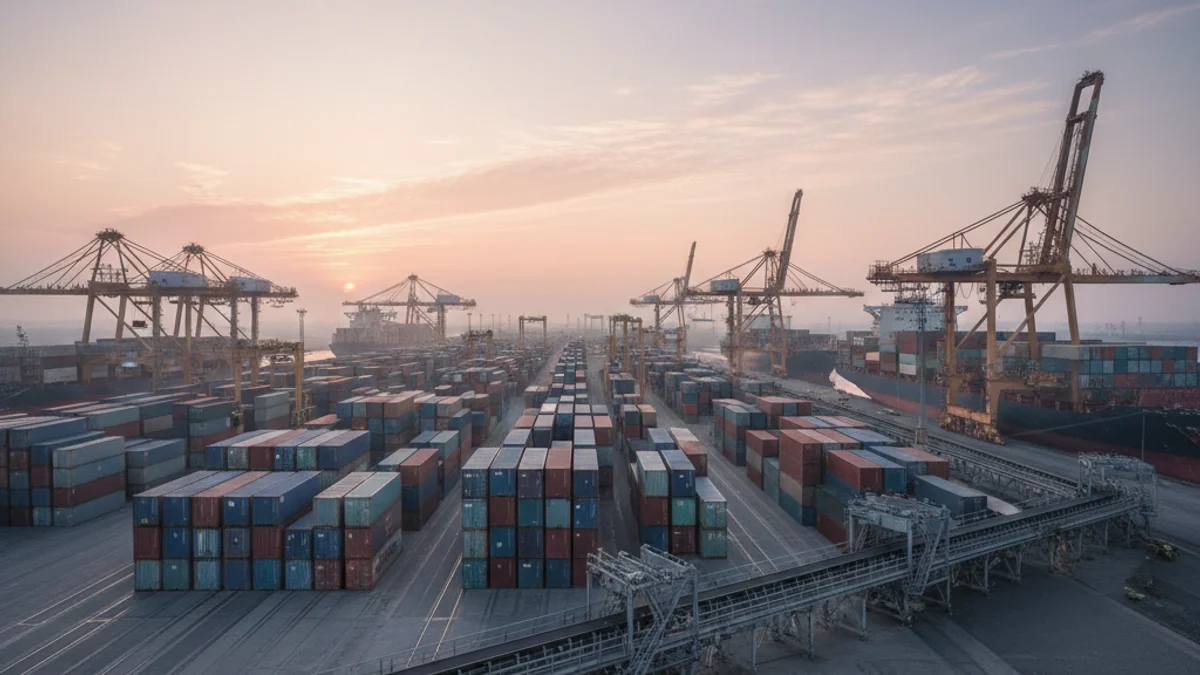 Imagen genérica de contenedores de carga en un puerto comercial industrial.