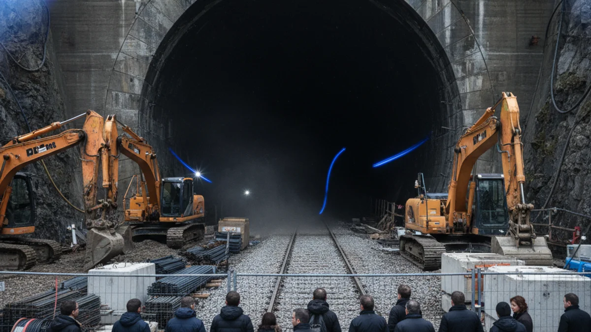Imagen genérica de la entrada de un túnel ferroviario con señalización de obras.