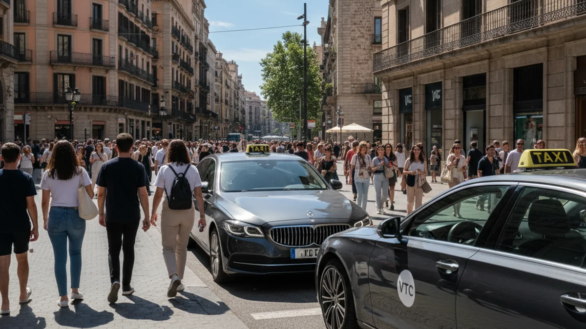 Imagen genérica de un taxi y un vehículo VTC en una calle de Barcelona.
