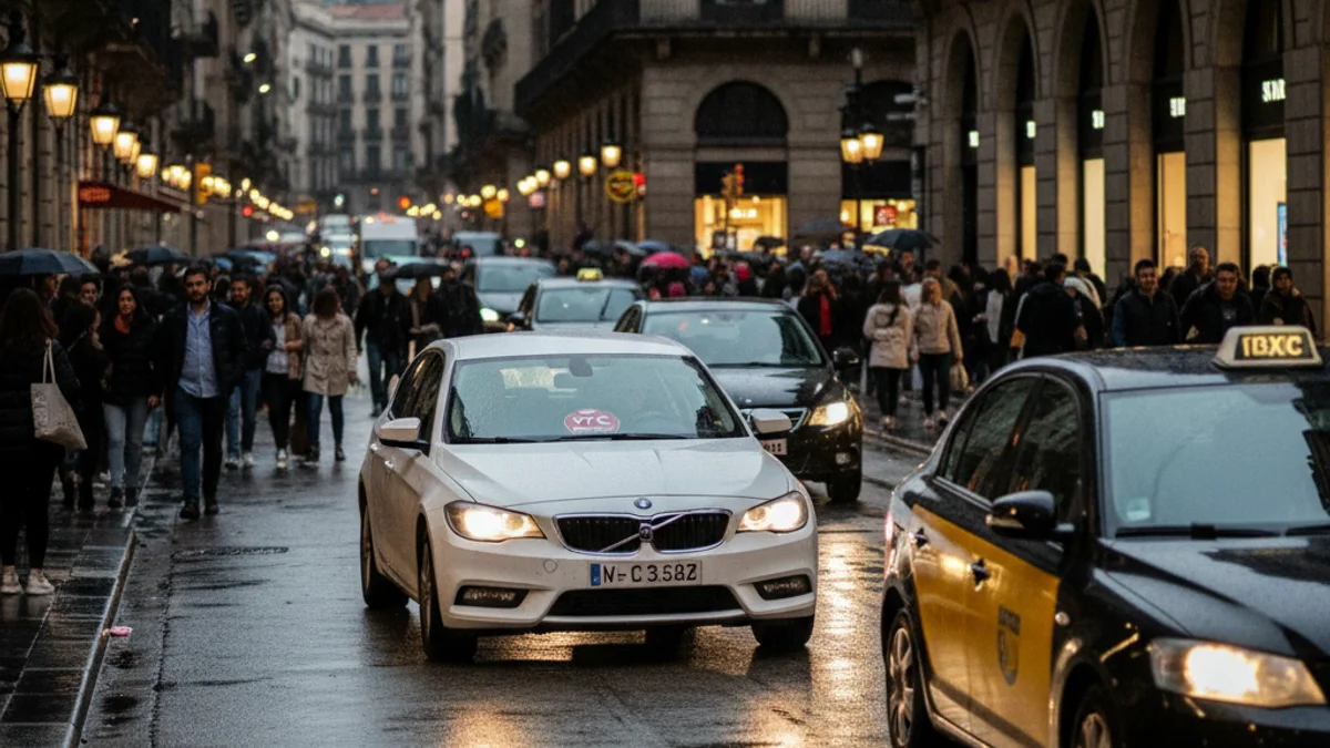 Imagen genérica de un vehículo de transporte con conductor circulando por una ciudad.