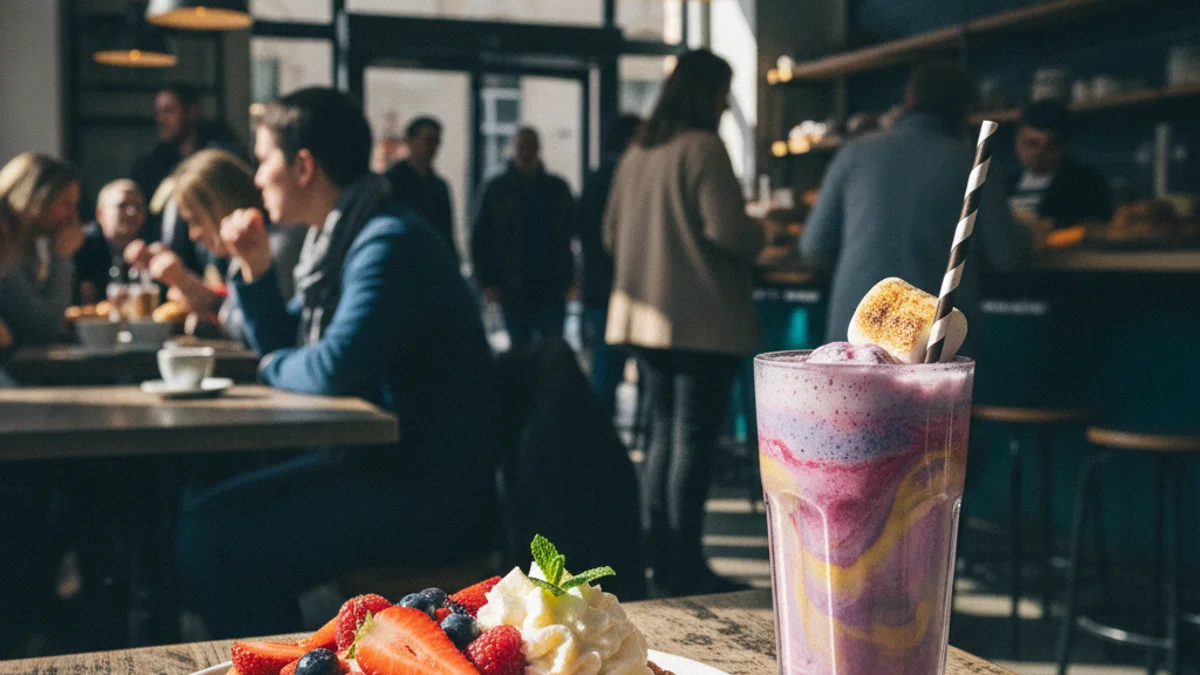 Imagen genérica de una merienda con gofres y batidos en una cafetería moderna.