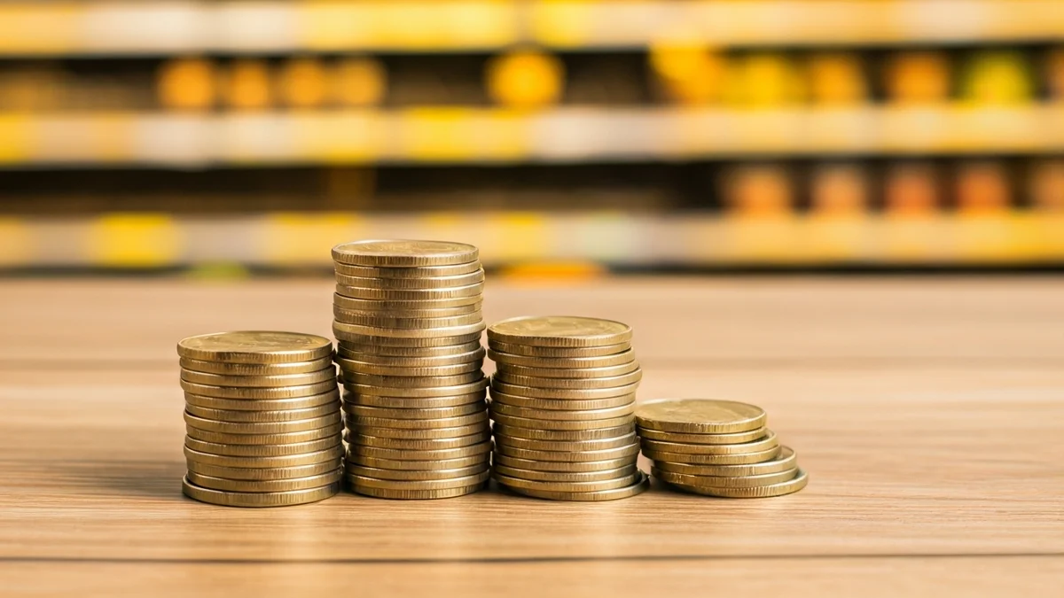 Imagen genérica de monedas y billetes de euro sobre una mesa, con un supermercado de fondo.