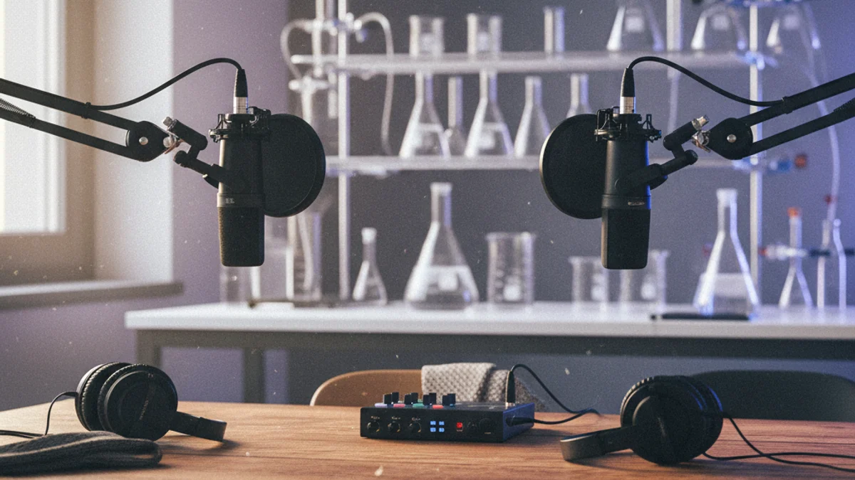 Imagen genérica de un estudio de grabación de podcasts con micrófonos y un fondo de laboratorio difuminado.