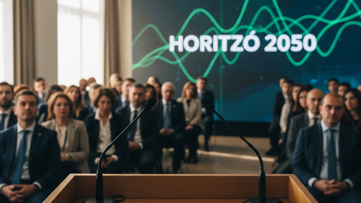 Imagen genérica de una sala de conferencias con gráficos sobre sostenibilidad y economía verde.