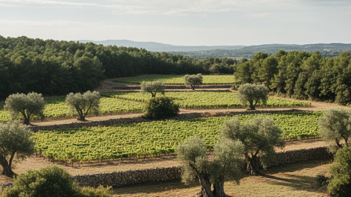 Imagen genérica de unos viñedos integrados en un paisaje de mosaico con bosque y cultivos en el Alt Penedès.