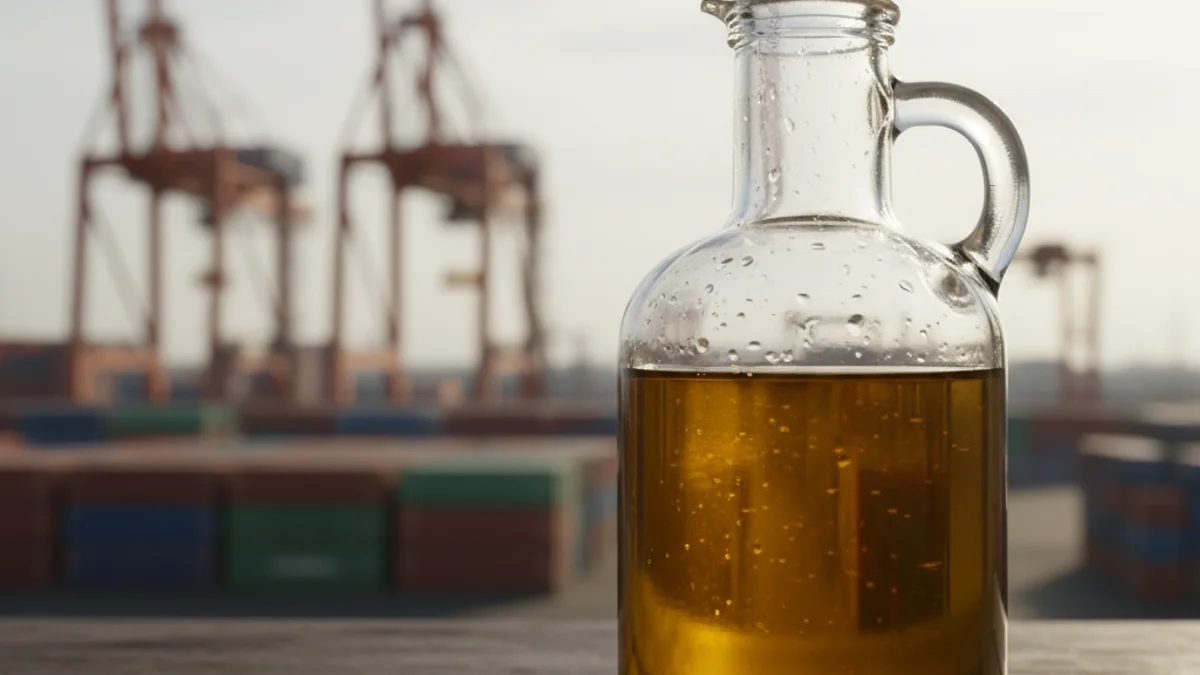 Imagen genérica de una botella de aceite de oliva virgen sobre una mesa de madera.