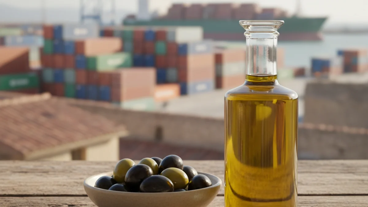 Imagen genérica de una botella de aceite de oliva sobre una mesa de madera, representando el principal sector exportador de Lleida.