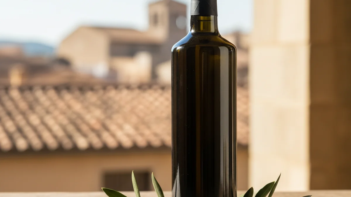 Imagen genérica de una botella de aceite de oliva virgen extra de calidad prémium sobre una mesa de madera.