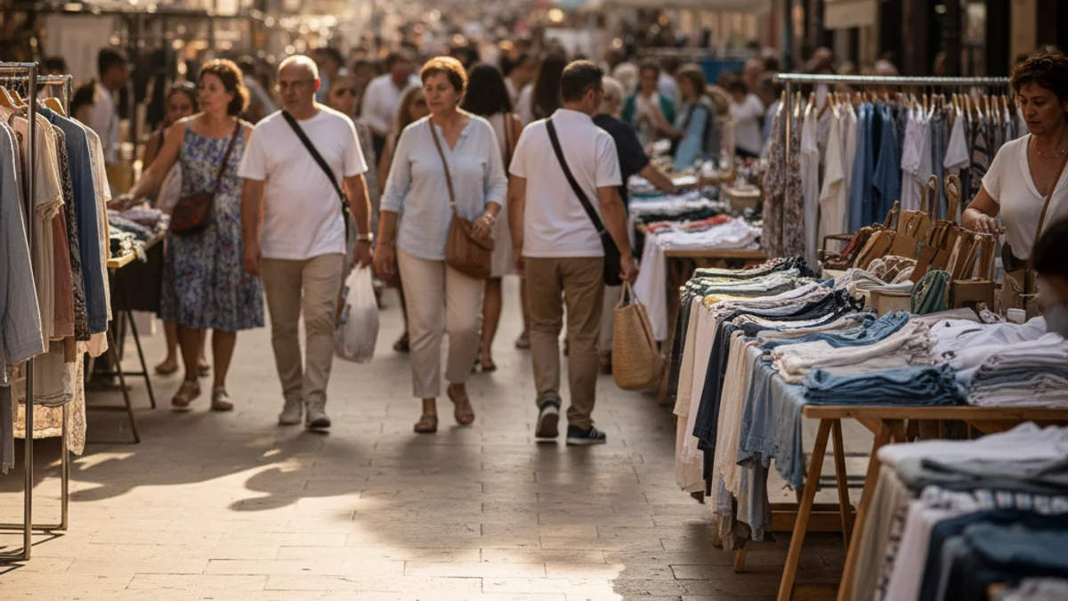 Imagen genérica de unos puestos de ropa y productos comerciales instalados en la acera de una calle para una feria de rebajas.