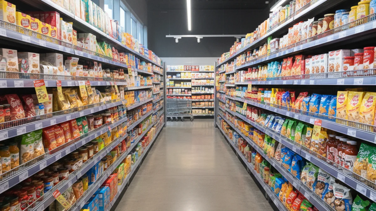 Imagen genérica del interior de un supermercado con estanterías llenas de productos.