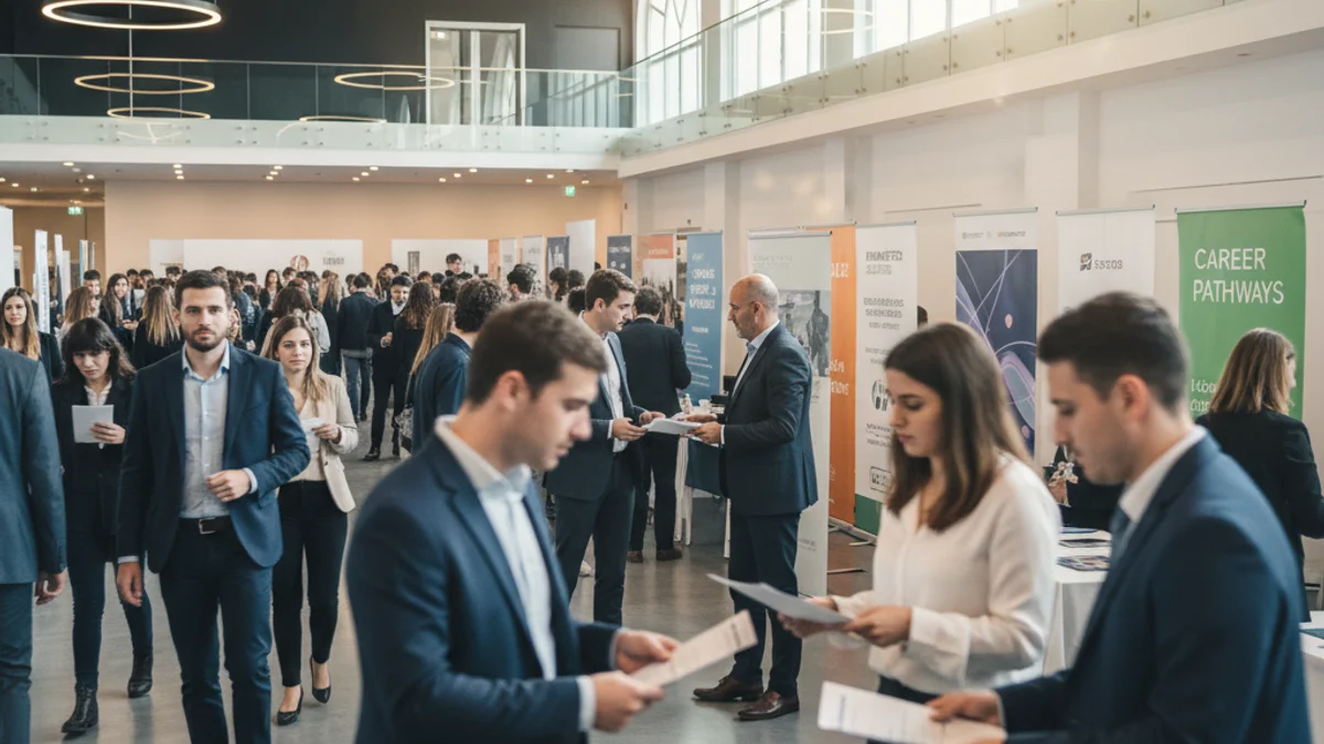 Imagen genérica de una feria de empleo con candidatos y reclutadores conversando en un entorno profesional.