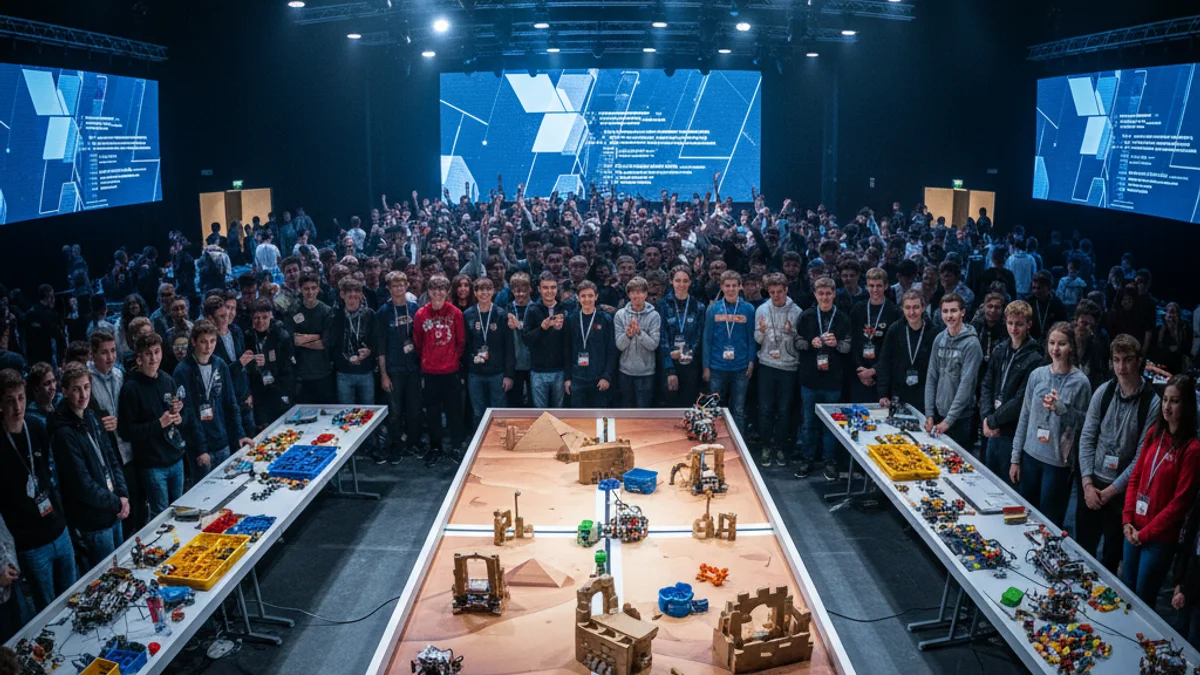 Imagen genérica de unos jóvenes compitiendo con robots construidos con piezas de montaje en un evento tecnológico.