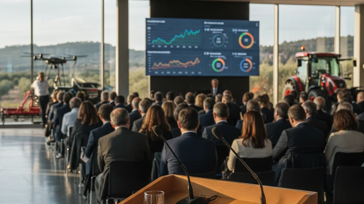 Imagen genérica de una sala de conferencias del sector agrícola con pantallas digitales.