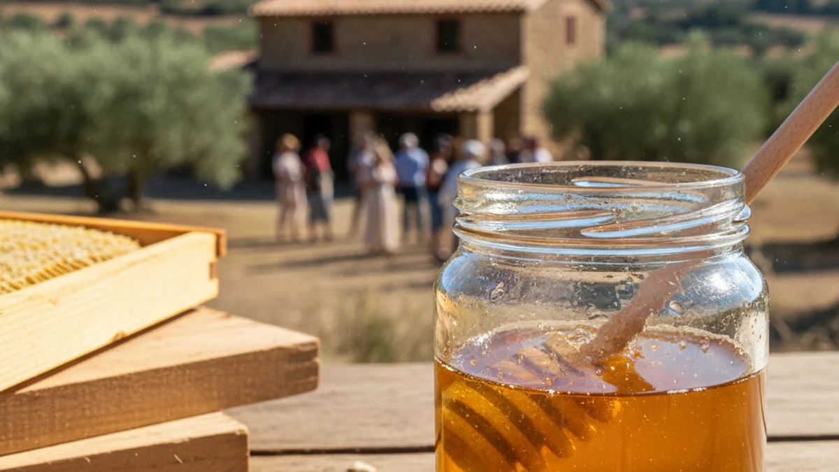 Imagen genérica de un tarro de miel fresca artesana sobre una superficie de madera.