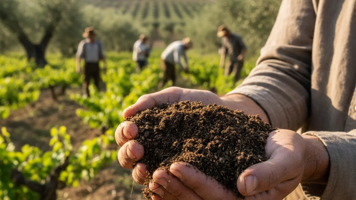 Imagen genérica de unas manos sosteniendo tierra fértil en un campo de cultivo.
