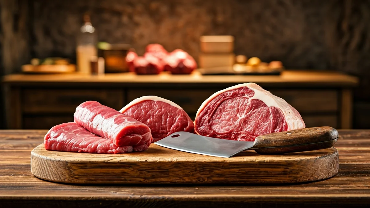 Imagen genérica de un mostrador de carnicero con cortes de carne fresca y un cuchillo de carnicero.