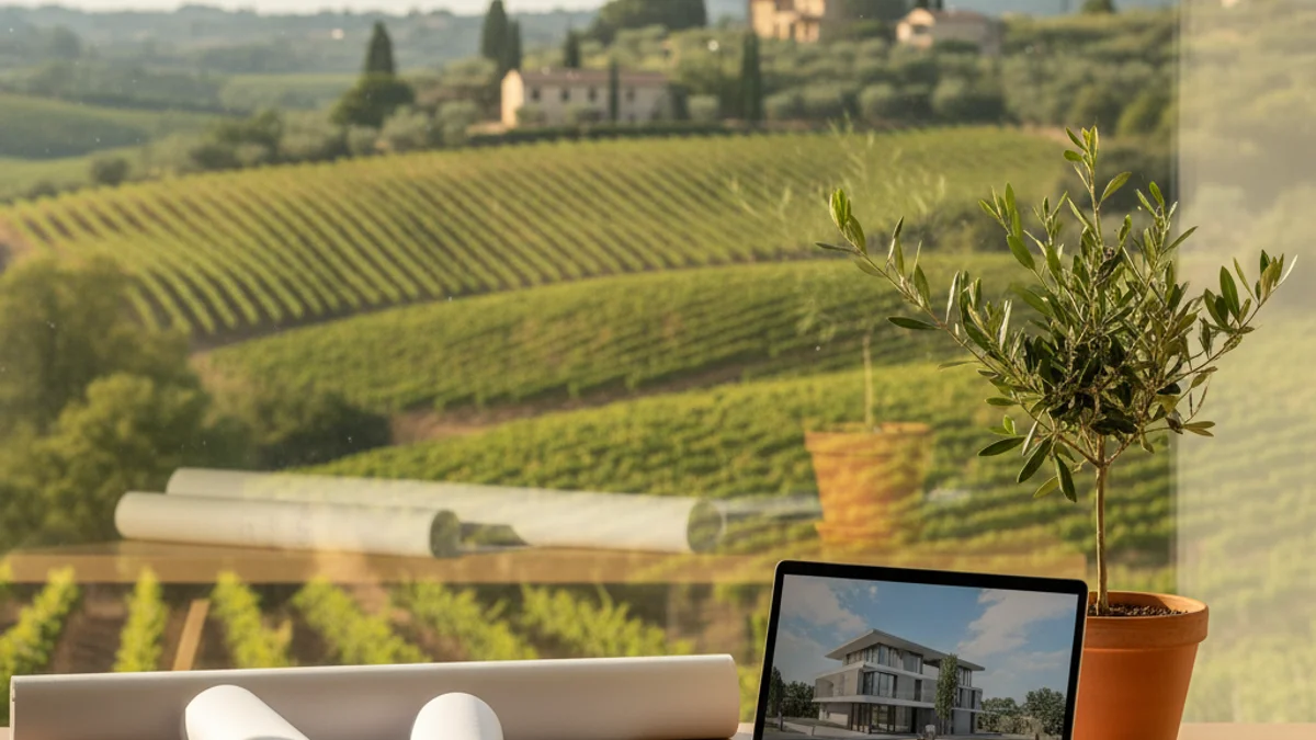 Imagen genérica de un espacio de trabajo moderno con vistas a un entorno rural.