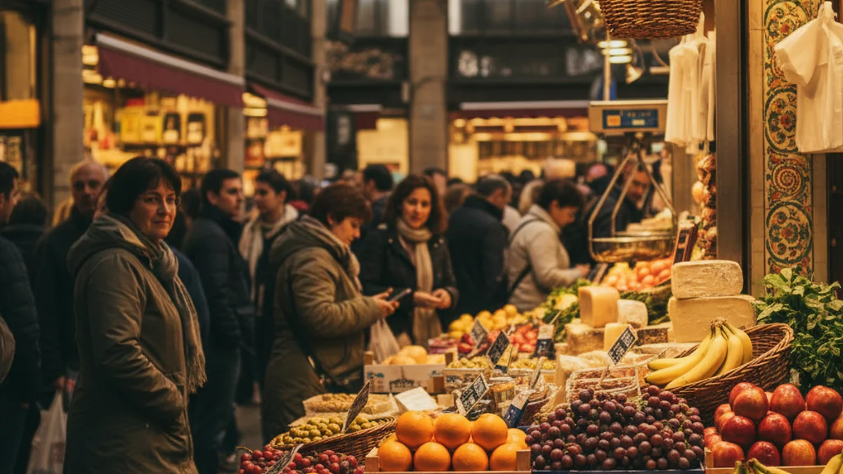 Imagen genérica de un puesto de mercado tradicional con productos frescos y gente paseando.