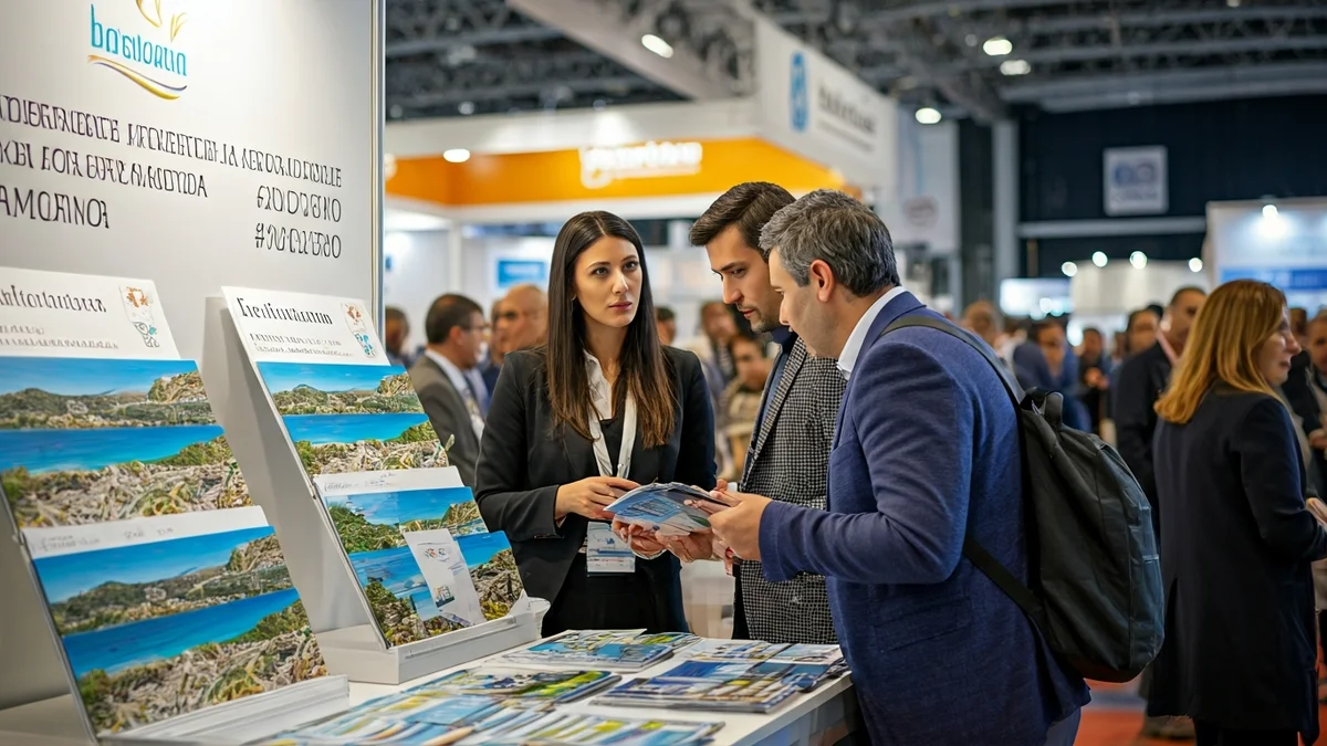 Imagen genérica de un stand de promoción turística en una feria, con folletos e imágenes de la Costa Brava.