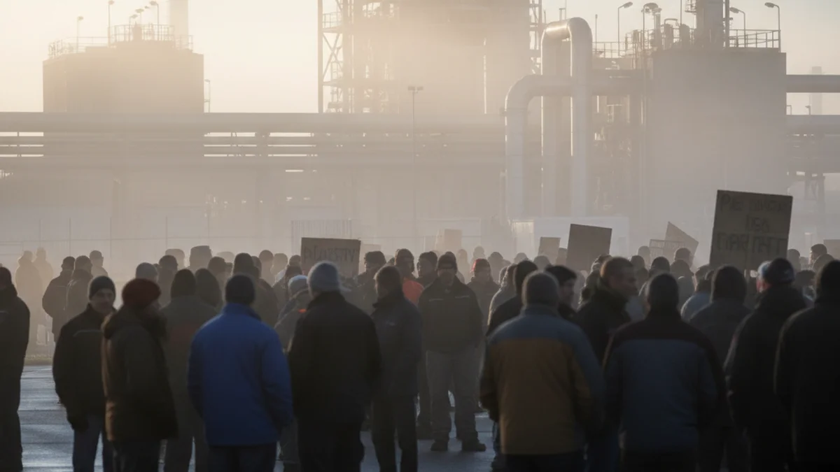 Imagen genérica de la entrada de un complejo industrial al amanecer.