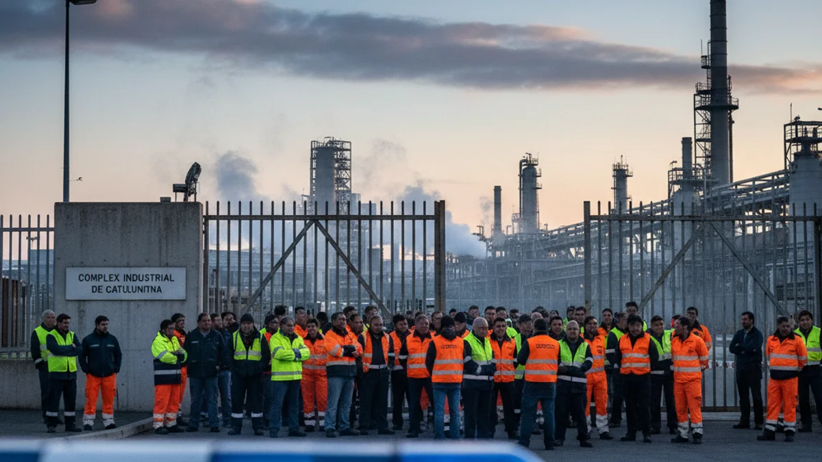 Imagen genérica de una concentración de trabajadores a las puertas de un complejo industrial a primera hora de la mañana.