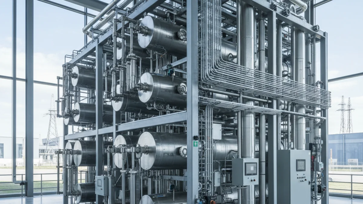 Imagen genérica de una instalación industrial de hidrógeno renovable con tuberías y tecnología de electrólisis.