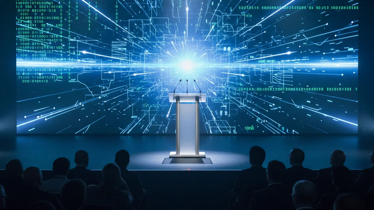 Imagen genérica de un escenario preparado para una conferencia sobre tecnología e innovación digital.