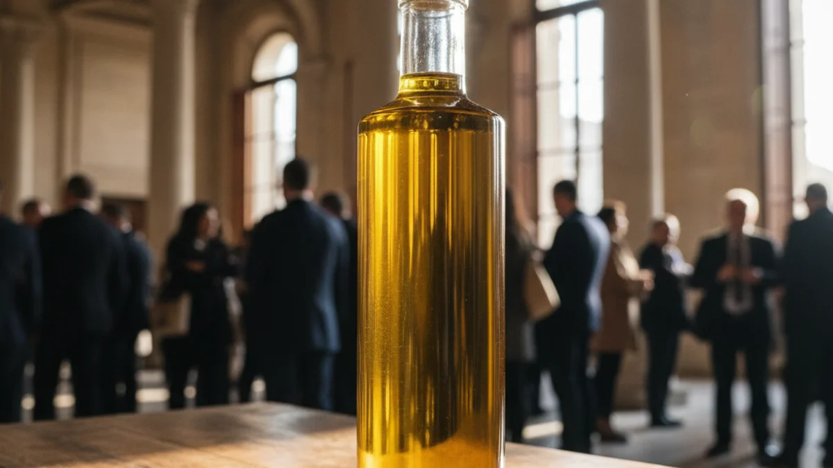 Imagen genérica de una botella de aceite de oliva virgen extra en un entorno institucional.