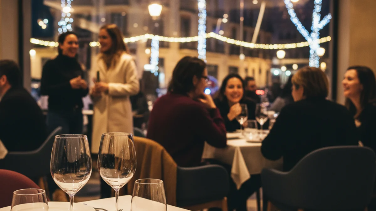 Imagen genérica del interior de un restaurante moderno con luces cálidas y mesas puestas.