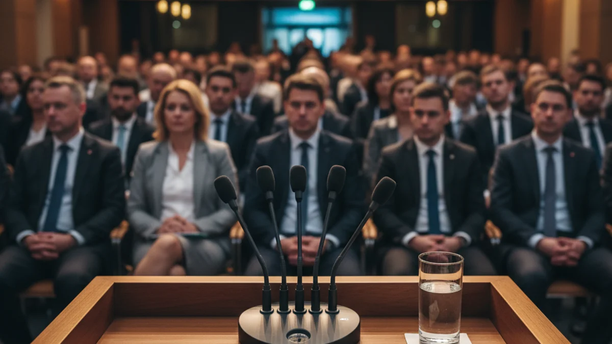 Imagen genérica de un atril con micrófonos durante una conferencia institucional.