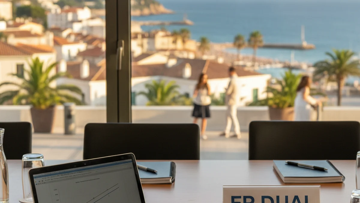 Imagen genérica de una sala de reuniones con material didáctico y vistas a una zona costera.