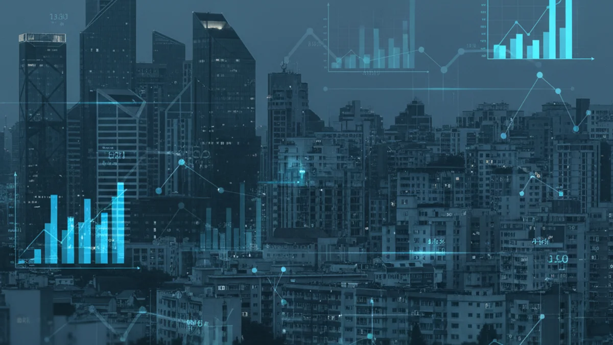 Imagen genérica de una ciudad con gráficos estadísticos superpuestos que representan datos socioeconómicos.