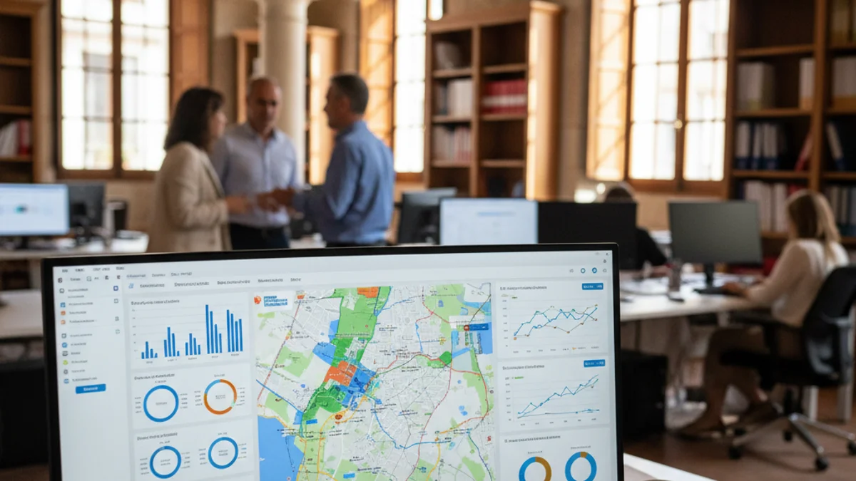 Imagen genérica de una pantalla con análisis de datos urbanos en un entorno de administración pública.
