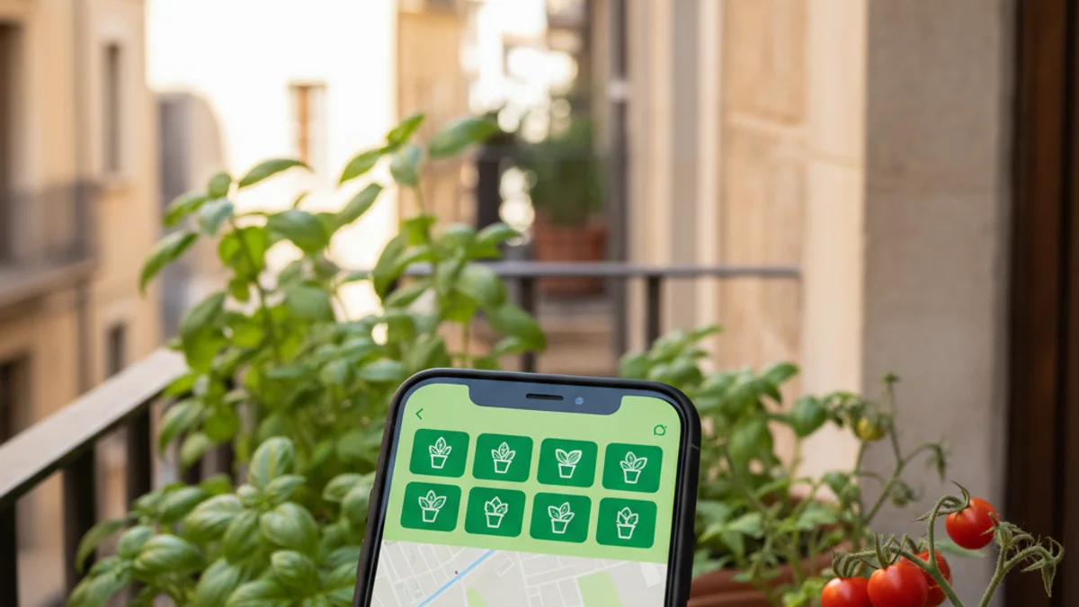 Imagen genérica de una aplicación móvil enfocada al cuidado de las plantas en un entorno urbano.