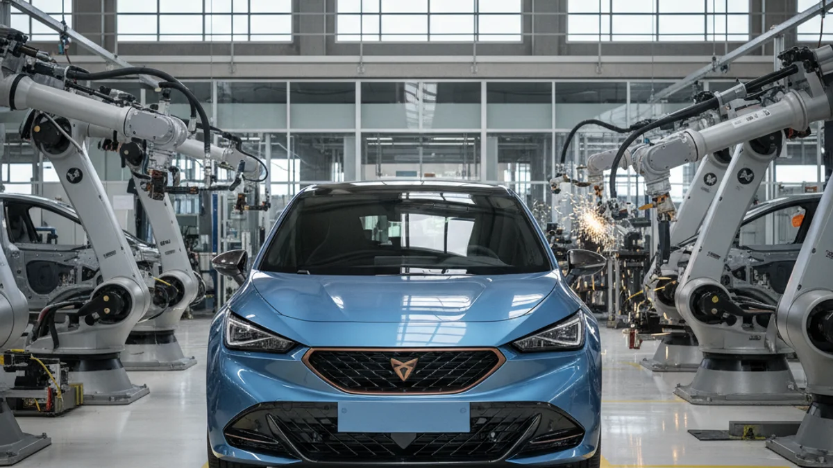 Imagen genérica de un vehículo eléctrico moderno en una línea de producción automatizada.