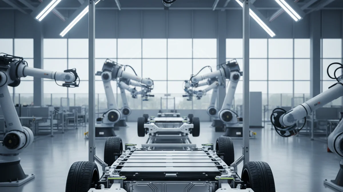 Imagen genérica de una plataforma para vehículos eléctricos en una línea de montaje industrial.