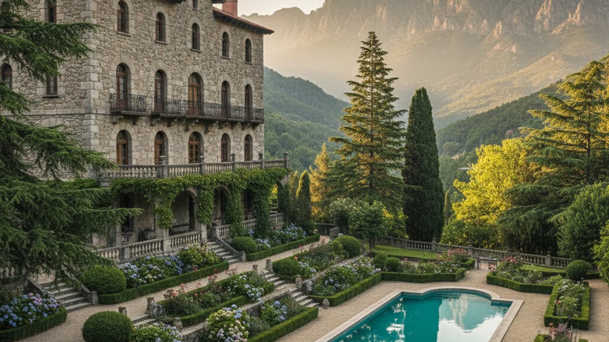 Imagen genérica de un hostal histórico situado en un entorno de montaña en el Montseny.