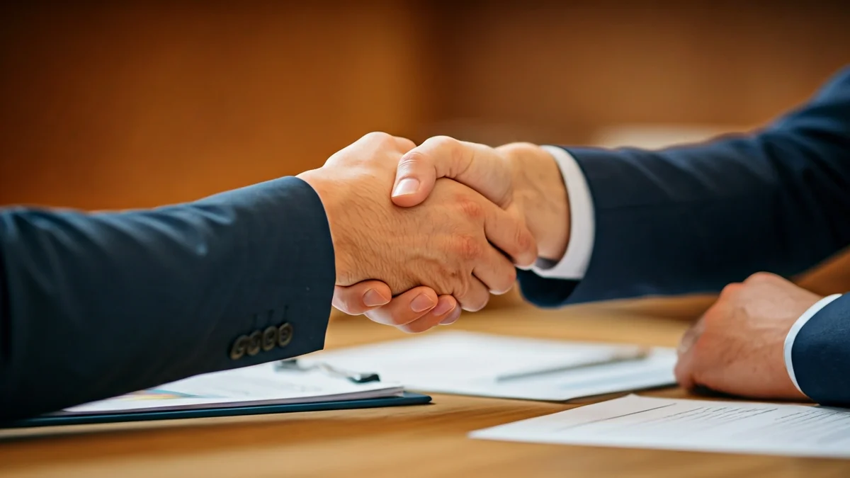 Imagen genérica de dos personas dándose la mano en un entorno de oficina, simbolizando una conexión laboral.