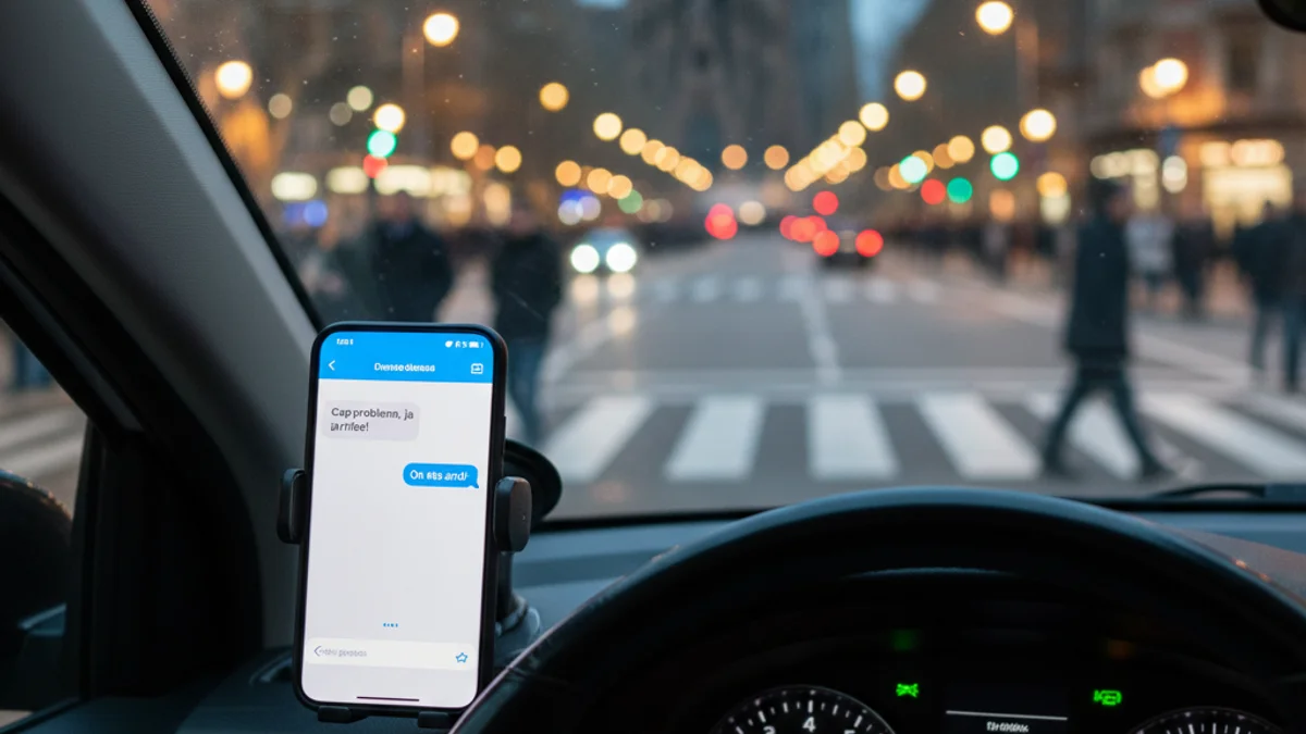 Imagen genérica de un teléfono móvil instalado en el salpicadero de un taxi circulando por la ciudad.